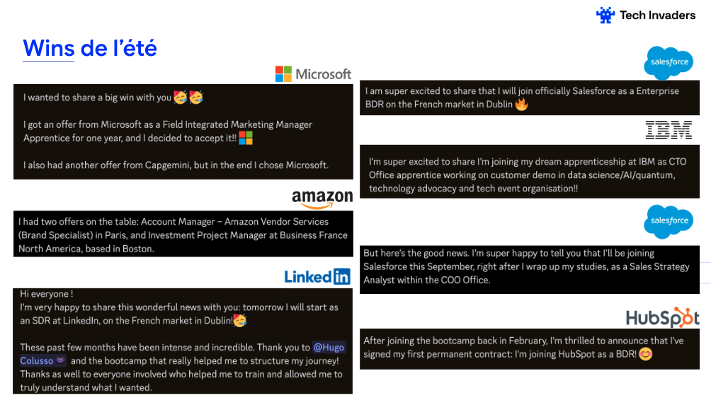 Wins de l'été : sept messages de membres annonçant leur signature chez Microsoft, Amazon, LinkedIn, Salesforce, IBM et HubSpot